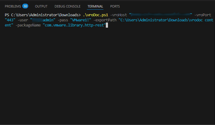 Command line interface displaying a PowerShell command for executing the vRODoc script with specific parameters including vRO host, port, username, password, export path, and package name.