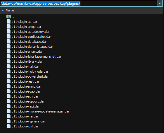 List of .dar plugin files located in the /data/vco/usr/lib/vco/app-server/backup/plugins/ directory.
