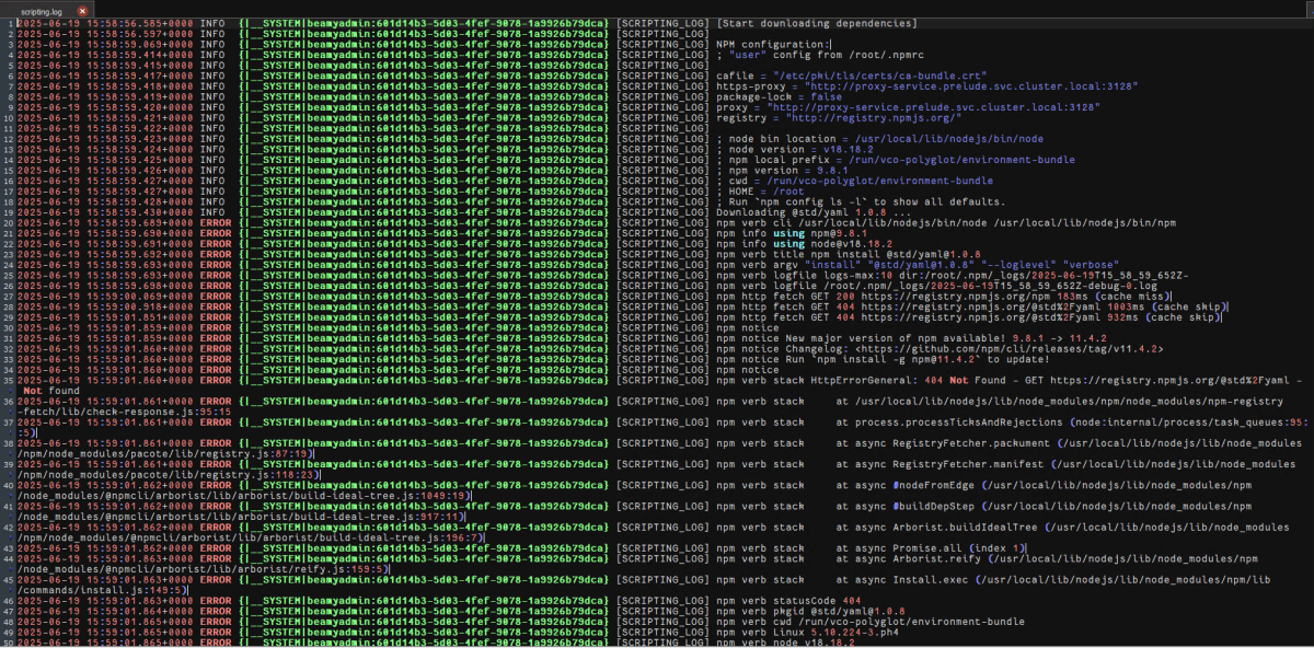 Command line terminal output showing logging information, including errors and informational messages related to script execution and dependencies.