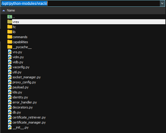 /opt/python-modules/vracli directory listing with Python files related to vracli commands