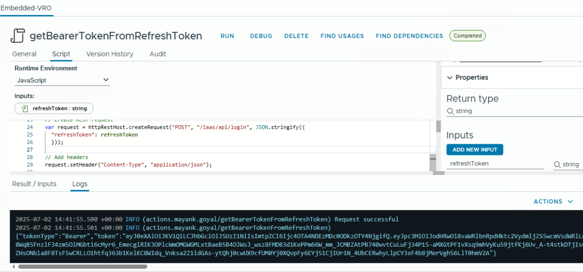A screenshot of the Aria Automation embedded Orchestrator interface, showing a JavaScript action to get a Bearer token from a refresh token. The code snippet displays the request setup and execution parameters with inputs and logs visible.