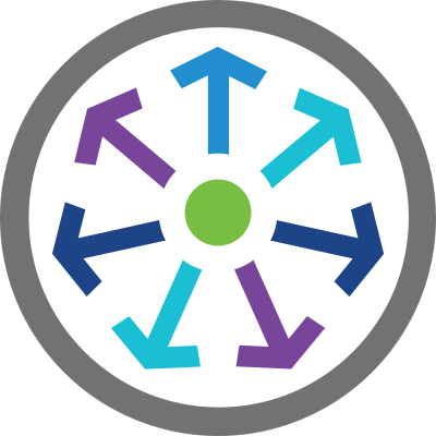 Graphic depicting a central green circle surrounded by eight directional arrows in various shades of blue and purple, arranged in a circular pattern.