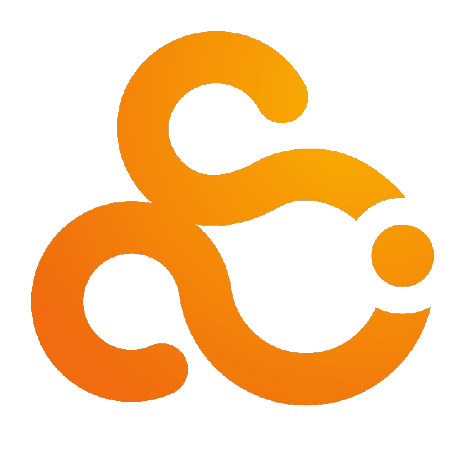 Stylized orange ampersand logo with smooth curves and a circular accent.