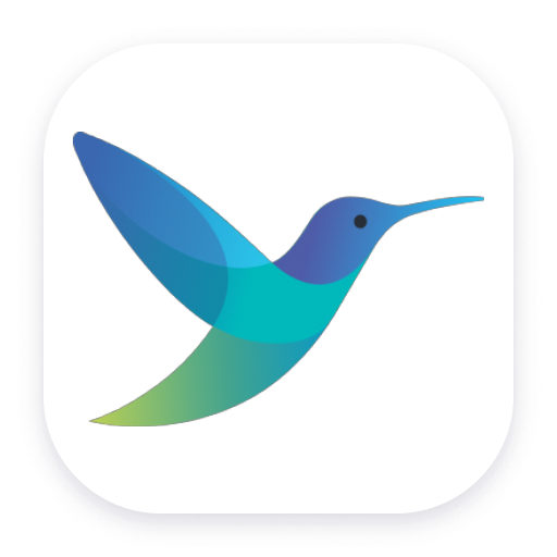 Stylized hummingbird logo in shades of blue and green on a white background.