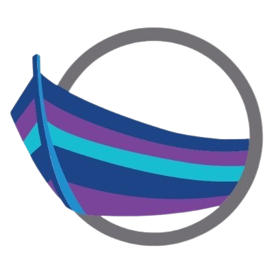 A stylized illustration of a boat with blue and purple stripes, positioned inside a circular gray outline.