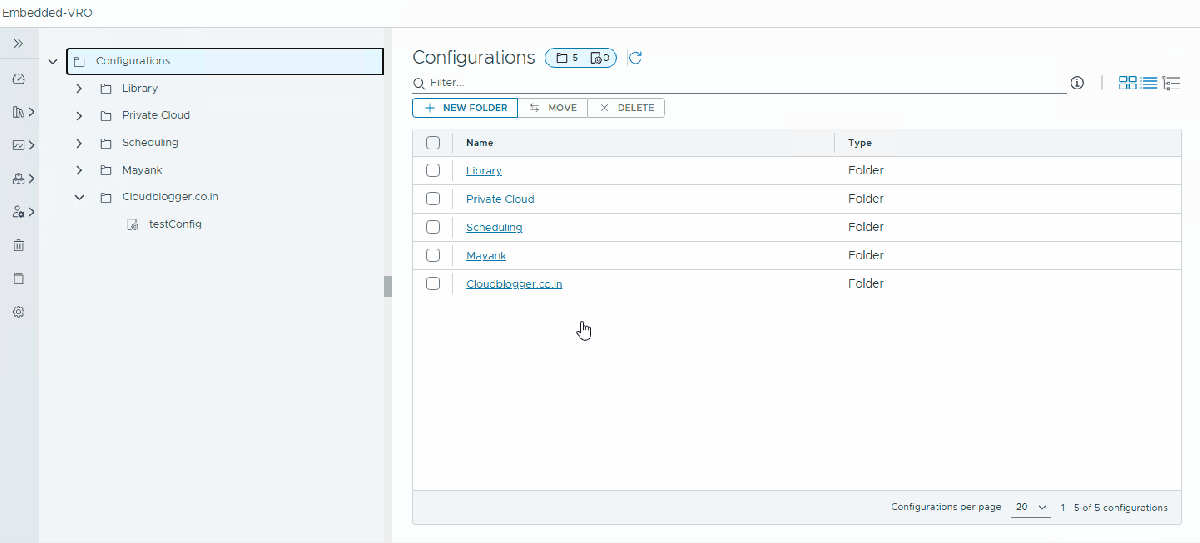 A user interface showing a list of configuration folders, including 'Library', 'Private Cloud', 'Scheduling', 'Mayank', and 'Cloudblogger.co.in', with options to create a new folder, move, or delete items.