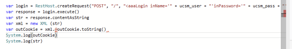 Code snippet showing the REST API login request for Cisco UCS Manager using XML, including session cookie extraction.