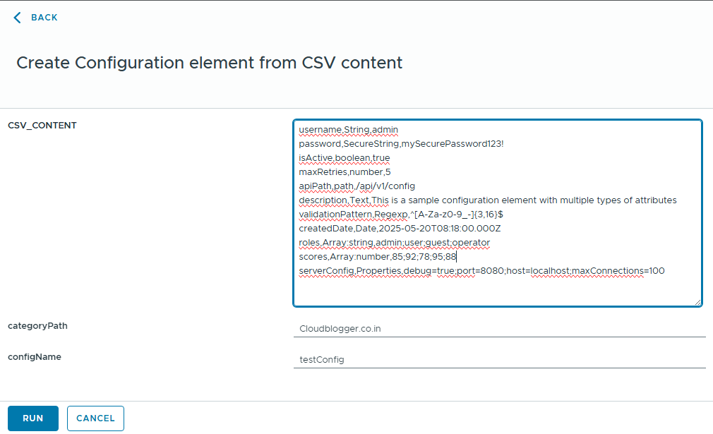 User interface displaying a form for creating a configuration element from CSV content, including fields for CSV input, category path, and configuration name.