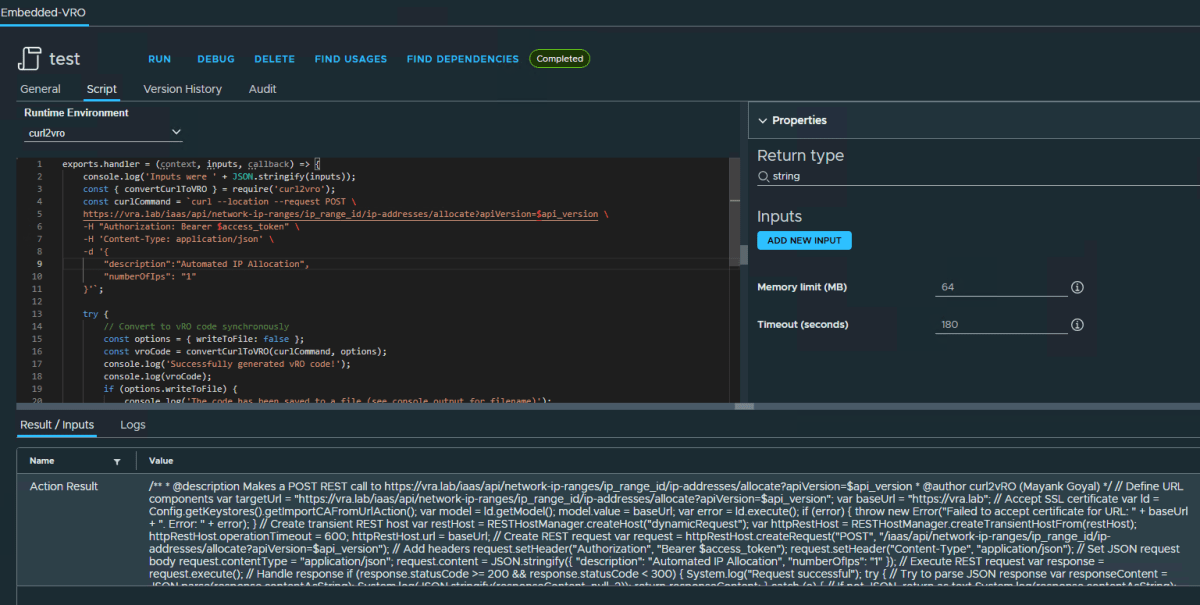 Code editor interface showcasing a script using curl2vRO for converting a POST cURL command into vRO JavaScript.