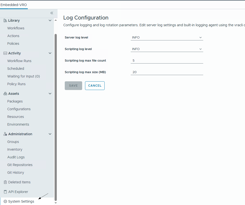 Screenshot of a log configuration settings page with options for server log level, scripting log level, maximum file count, and maximum size, along with 'SAVE' and 'CANCEL' buttons.