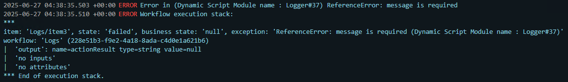 Error log display showing a failed execution stack for a dynamic script module, with details about the error and workflow state.