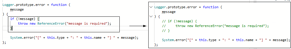 Code snippet showing an error handling implementation in JavaScript, with conditional statements for message validation.