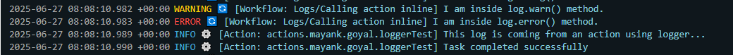 Console log output showing different log levels: WARNING, ERROR, INFO, including messages from actions and workflows.