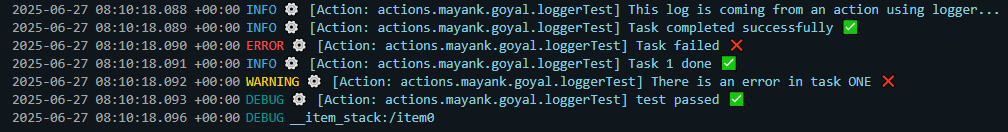 A screenshot showing a console log with various messages from an action, including INFO, ERROR, WARNING, and DEBUG log levels, accompanied by emojis for success and failure.