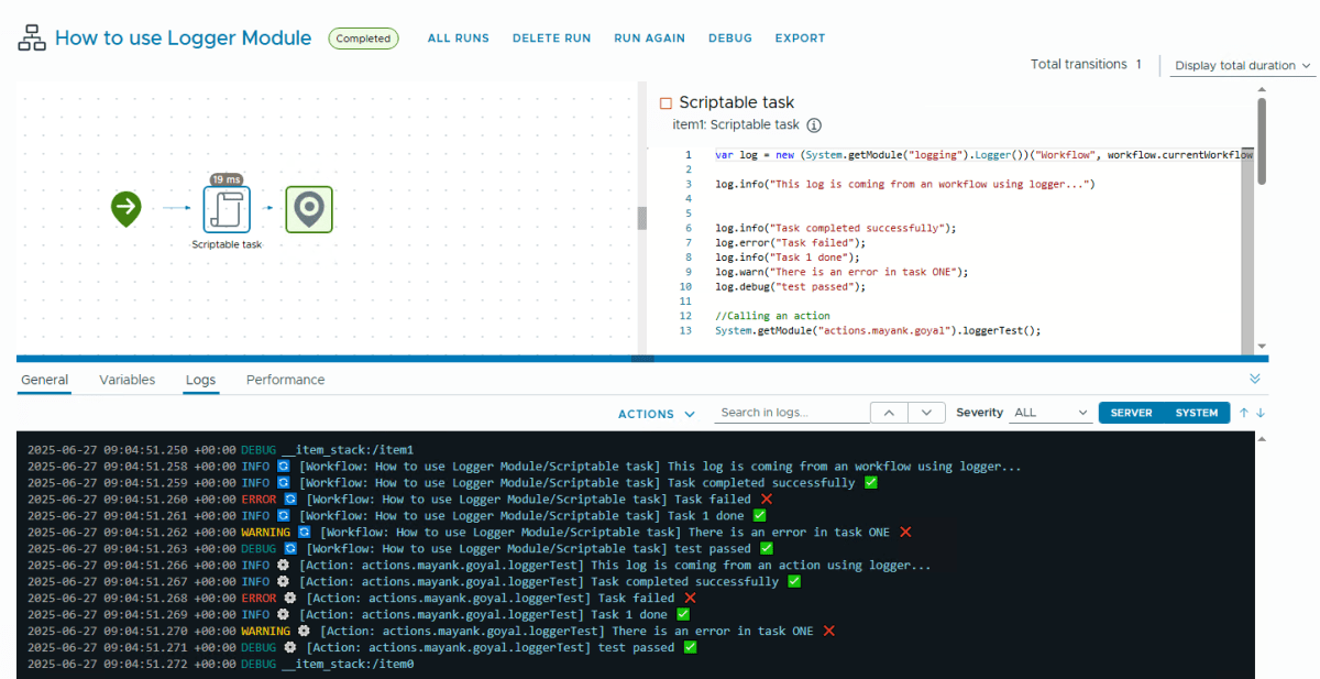 Screenshot of a scriptable task interface showing JavaScript code for using a Logger module. Below the code, logs display various log messages with different severities including debug, info, warning, and error, with corresponding icons and timestamps.