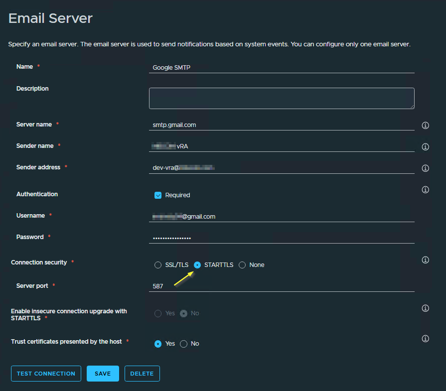Configuration settings for integrating Gmail SMTP in VMware vRealize Orchestrator, including fields for server name, sender information, authentication, and connection security.