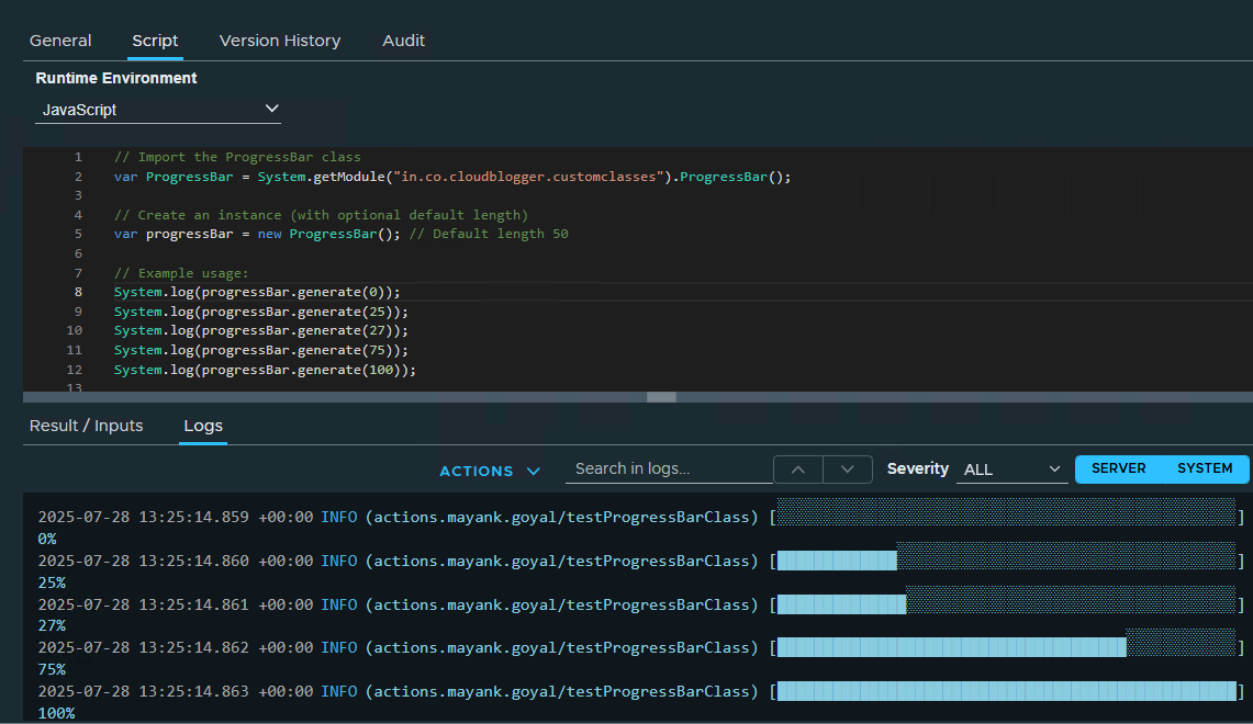 Screenshot of a JavaScript code editor displaying a ProgressBar class and its usage in a vRO script.