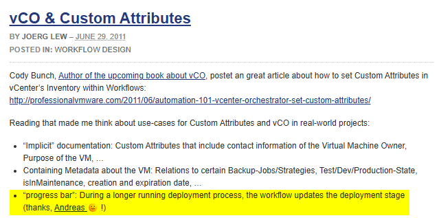 A screenshot of a blog post discussing VM provisioning progress and custom attributes in vCenter Orchestrator, highlighting the importance of progress bars in long-running tasks.