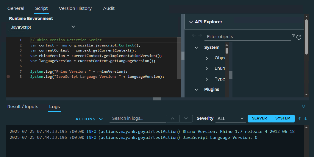 Code snippet displaying a Rhino version detection script in JavaScript within a software environment.