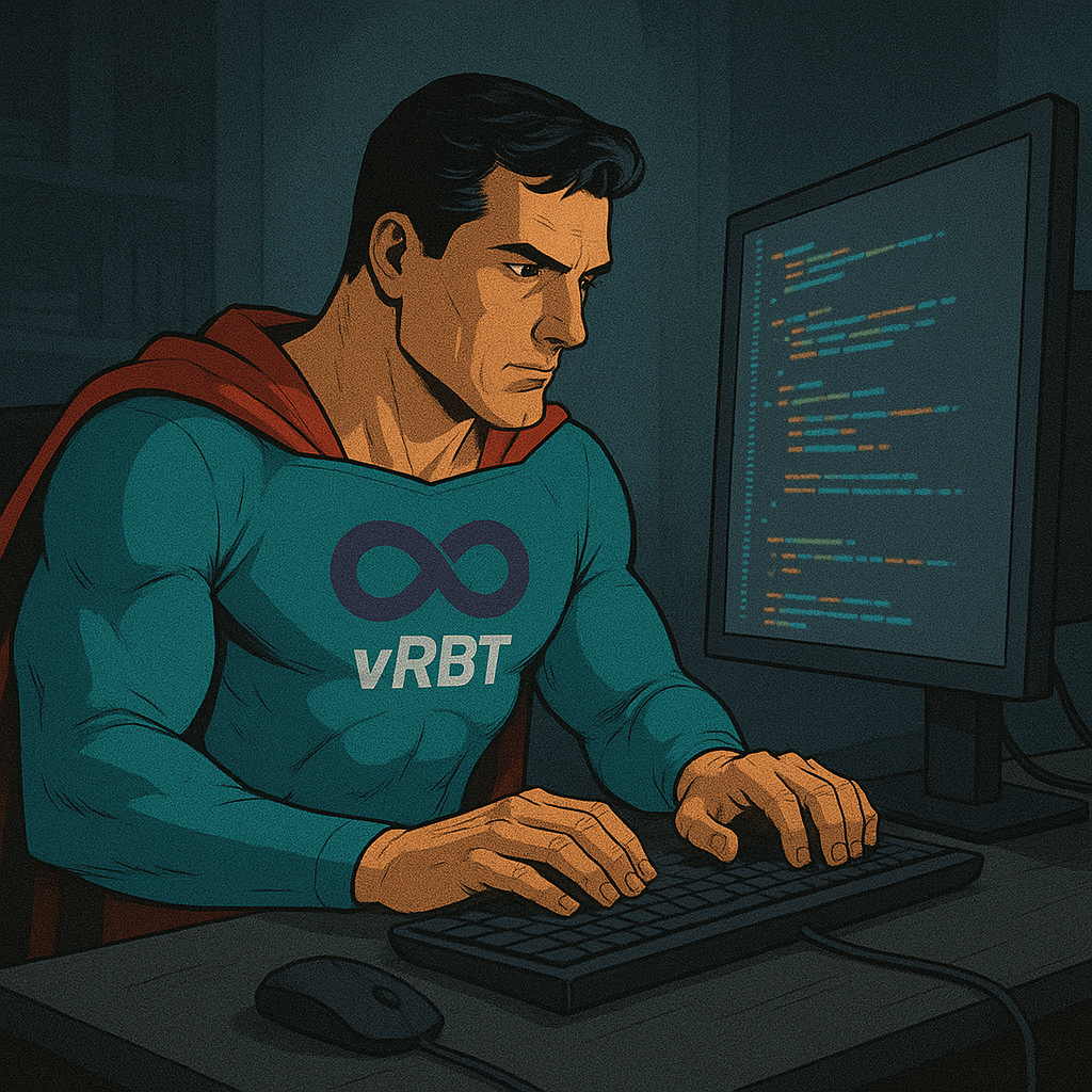 An illustration of a superhero character sitting at a computer, focused on coding, wearing a blue costume with the text 'vRBT' logo on the chest. The background is dimly lit with visible lines of code on the screen.