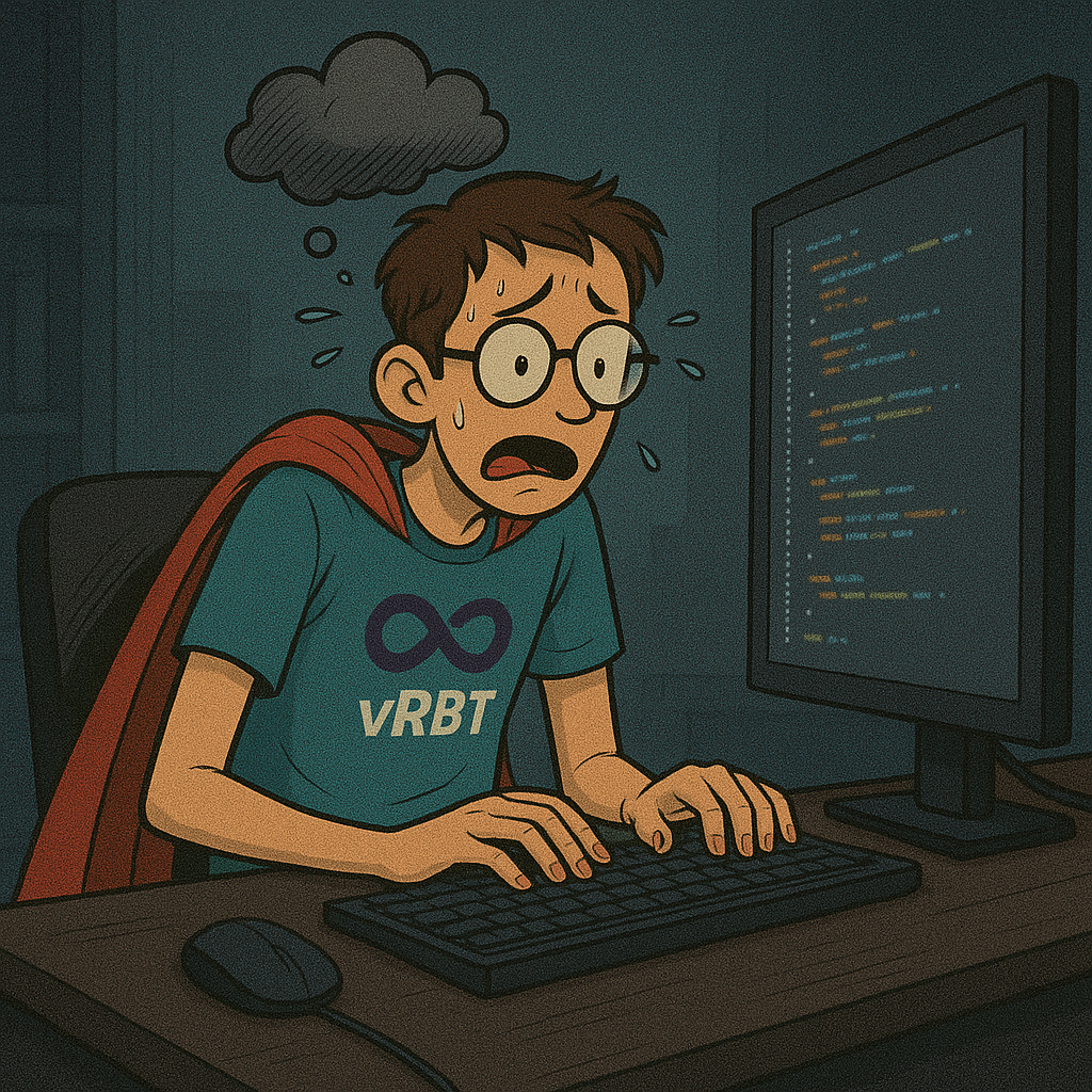 A worried young man wearing a VRBT t-shirt and a red cape is sitting at a desk, typing on a keyboard in front of a computer screen displaying code, with a storm cloud above his head.