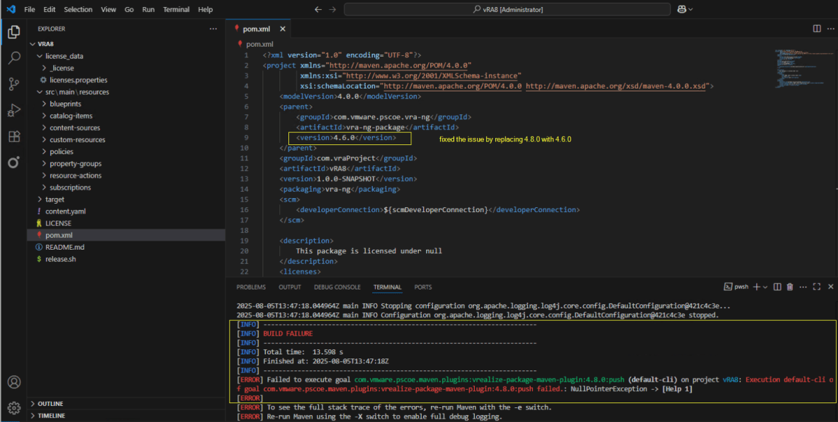 Screenshot of an Integrated Development Environment (IDE) showing a structured project directory for a vRA 8 application, including visible XML code in a pom.xml file and a console log indicating build failure and error messages related to Maven plugin execution.