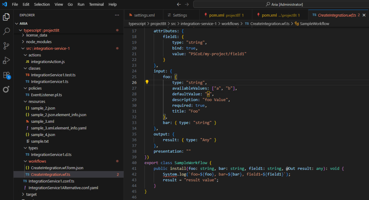 A screenshot of a Visual Studio Code workspace showing a TypeScript project structure with various folders, files, and a code snippet related to an integration service workflow.