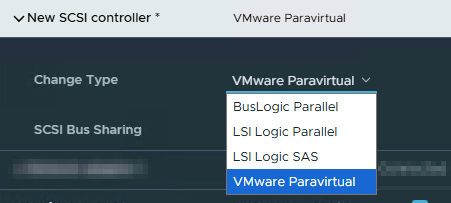 Screenshot of a user interface for adding a new SCSI controller in VMware, displaying options for 'Change Type' and 'SCSI Bus Sharing', with 'VMware Paravirtual' selected.