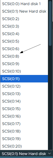 Dropdown list displaying SCSI controller slot options, highlighting SCSI(0:8) with an arrow.