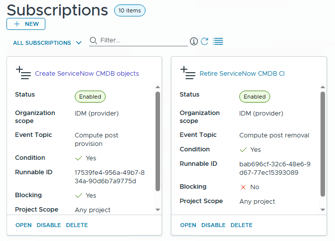 Screenshot showing subscriptions for 'Create ServiceNow CMDB objects' and 'Retire ServiceNow CMDB CI' workflows, detailing their statuses, organization scope, event topics, conditions, and runnable IDs.