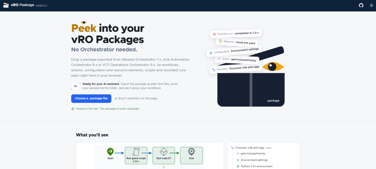A user interface showing the vRO Peek application, highlighting features for analyzing vRealize Orchestrator packages with options to upload .package files and view related workflows and configurations.