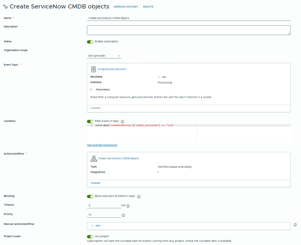 User interface for creating ServiceNow CMDB objects, including parameters for event topic and conditions for triggering workflows.