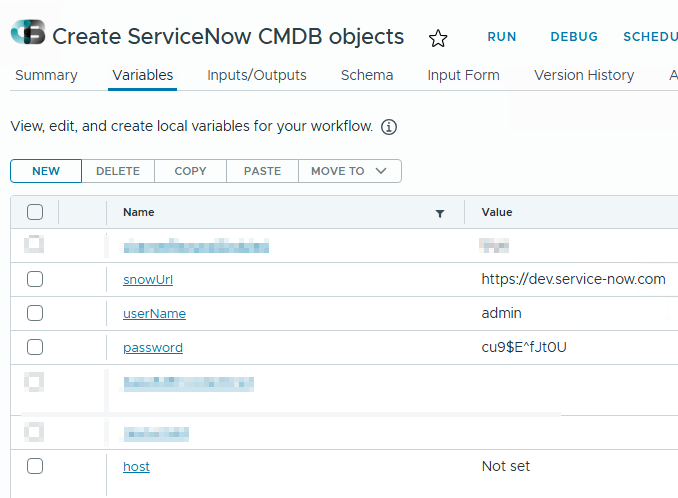 Screenshot of a workflow interface titled 'Create ServiceNow CMDB objects', showing variables for a workflow, including fields for snowUrl, userName, password, and host.