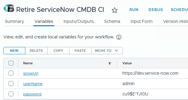 Screenshot showing workflow variables for retiring a ServiceNow CMDB CI, including fields for URL, username, and password.