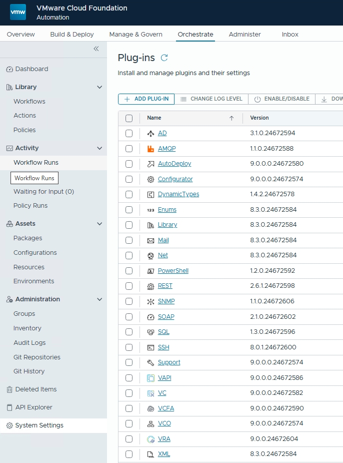 Screenshot of the VMware Cloud Foundation interface displaying the Plug-ins section where users can install and manage plugins along with their settings. Lists various plugins with their names and version numbers.