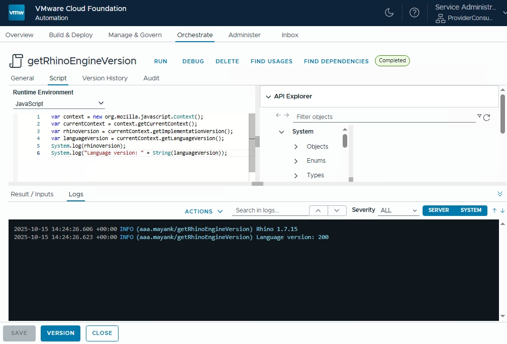 Screenshot of the VMware Cloud Foundation Automation interface displaying a JavaScript code snippet and logs showing the Rhino engine version and language version.