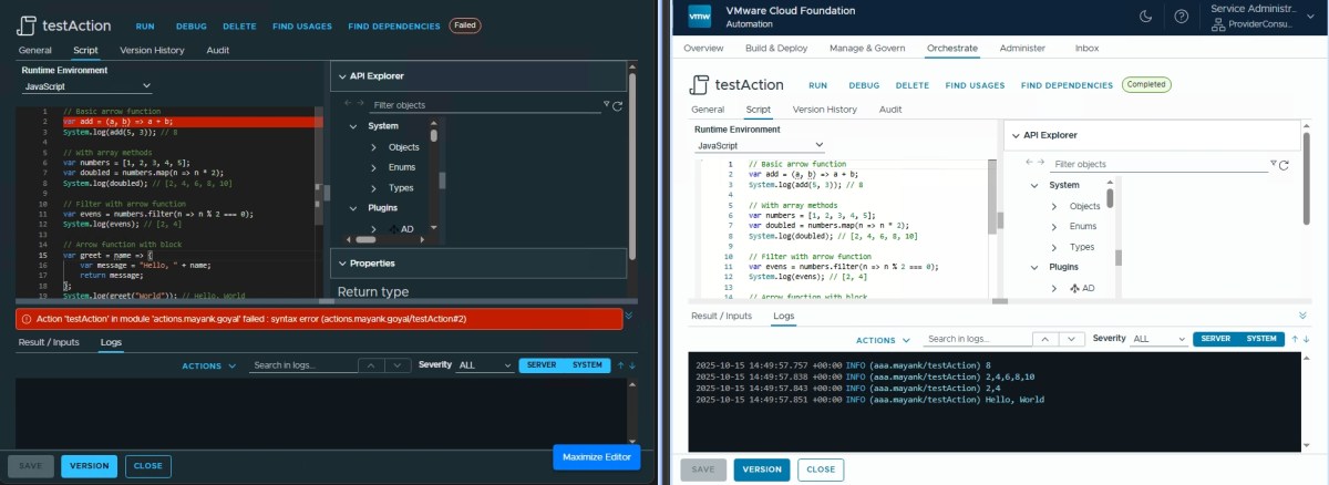 Screenshot comparison of JavaScript runtime environment in VMware Aria Orchestrator with highlighted syntax error in the left pane and successful execution in the right pane.