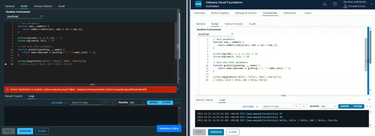 Side-by-side comparison of JavaScript code execution in different versions of VMware Orchestrator, showcasing rest parameters and function calls.
