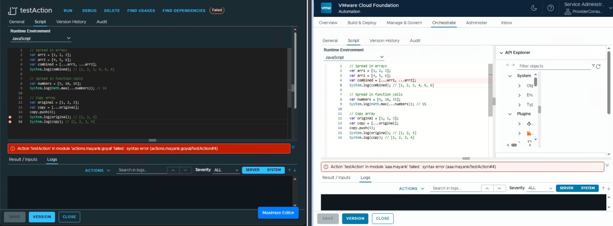 Side-by-side comparison of JavaScript code execution environments in VMware Orchestrator, highlighting script actions and error logs.