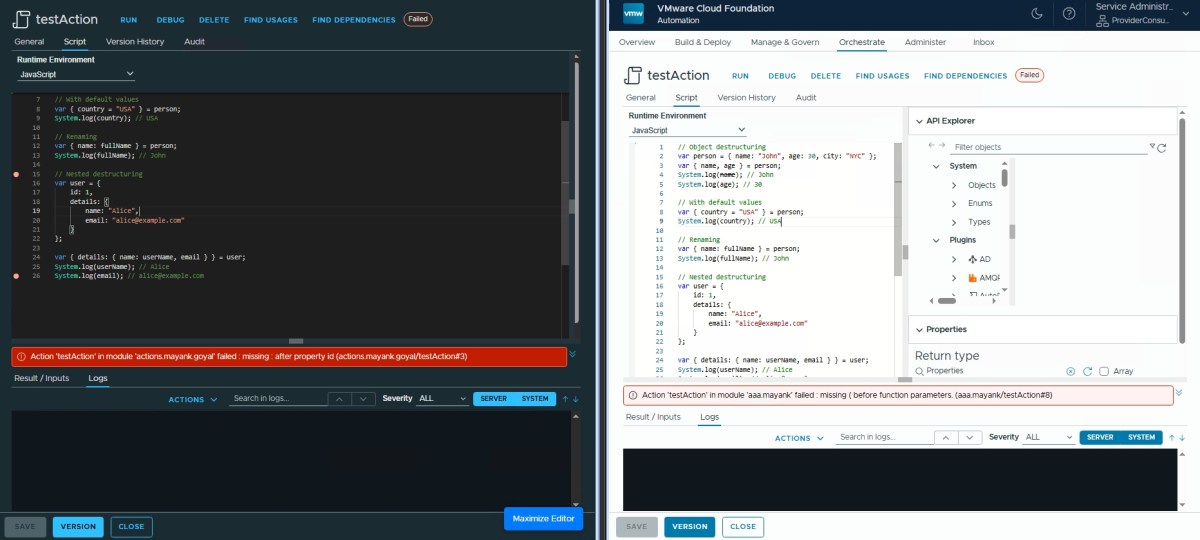 Comparison of JavaScript code execution environments in VMware Cloud Foundation, displaying errors and logs on the left and code snippets with API Explorer on the right.