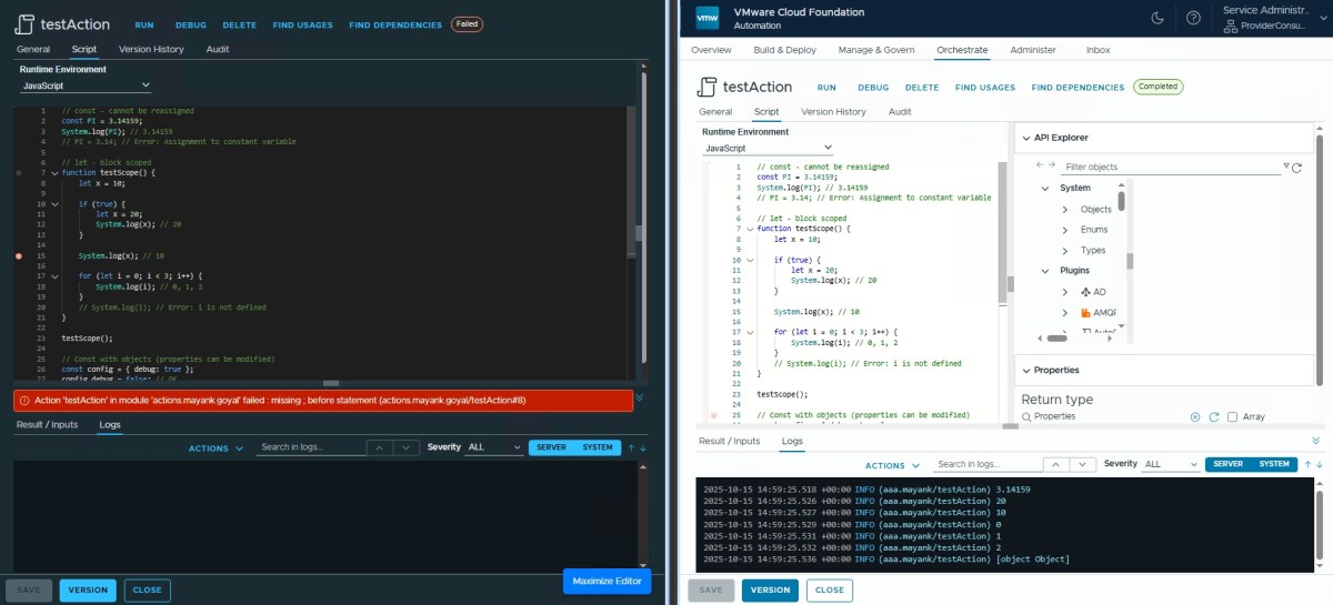 Screenshot comparing JavaScript code execution in two environments, highlighting code snippets and error messages.