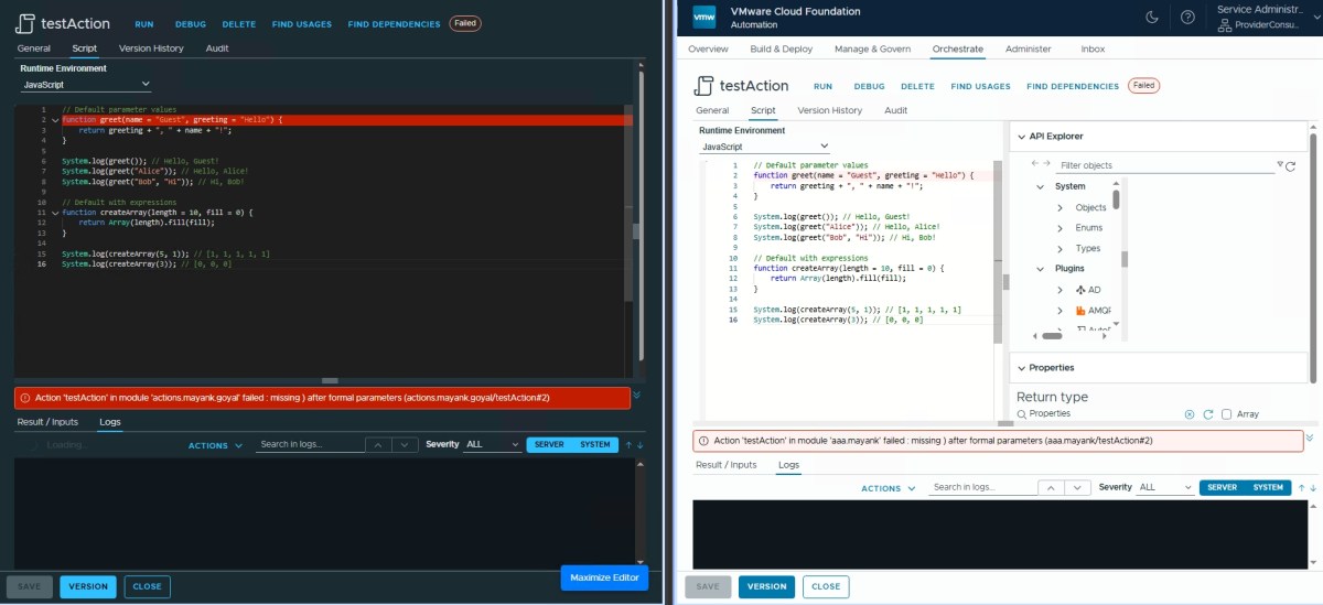 Side-by-side comparison of code editors displaying JavaScript functions with default parameters and error messages in a VMware Orchestrator interface.
