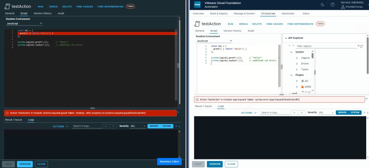 Side-by-side comparison of JavaScript execution results in two different development environments, highlighting code and error messages.