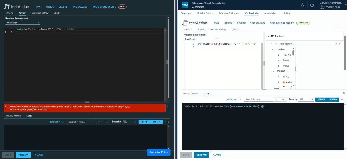 A side-by-side comparison of the VMware Orchestrator interface showing a JavaScript code snippet execution on the left and the log output on the right.