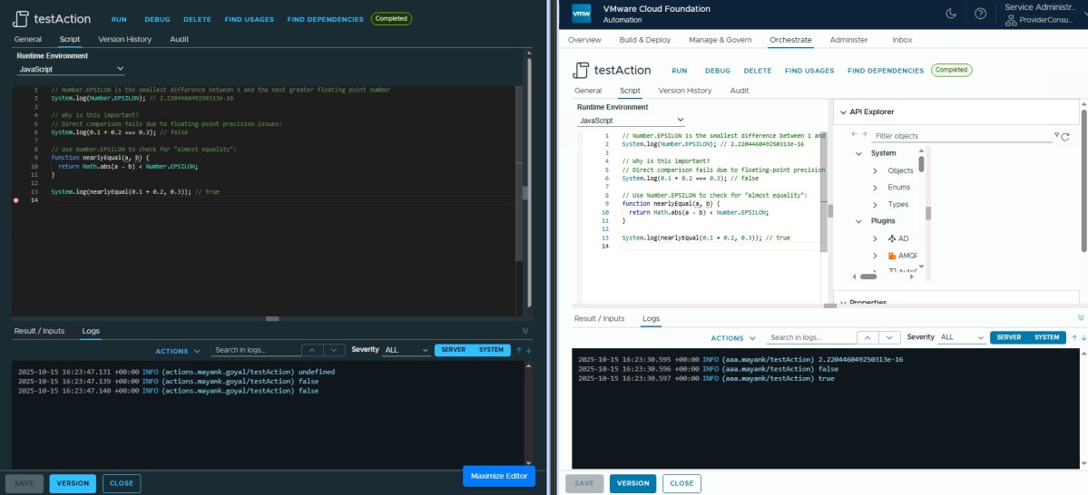 Screenshot comparing JavaScript code execution and output in two different environments, showcasing the use of Number.EPSILON to illustrate floating-point precision differences.