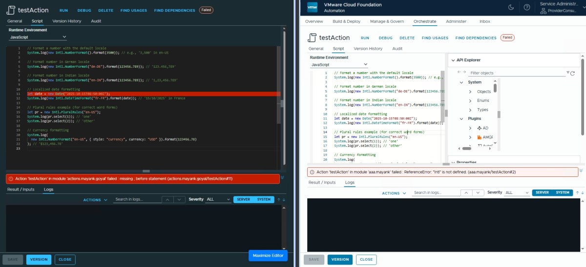 Screenshot comparing JavaScript execution in two test environments, showcasing formatting code and error messages.