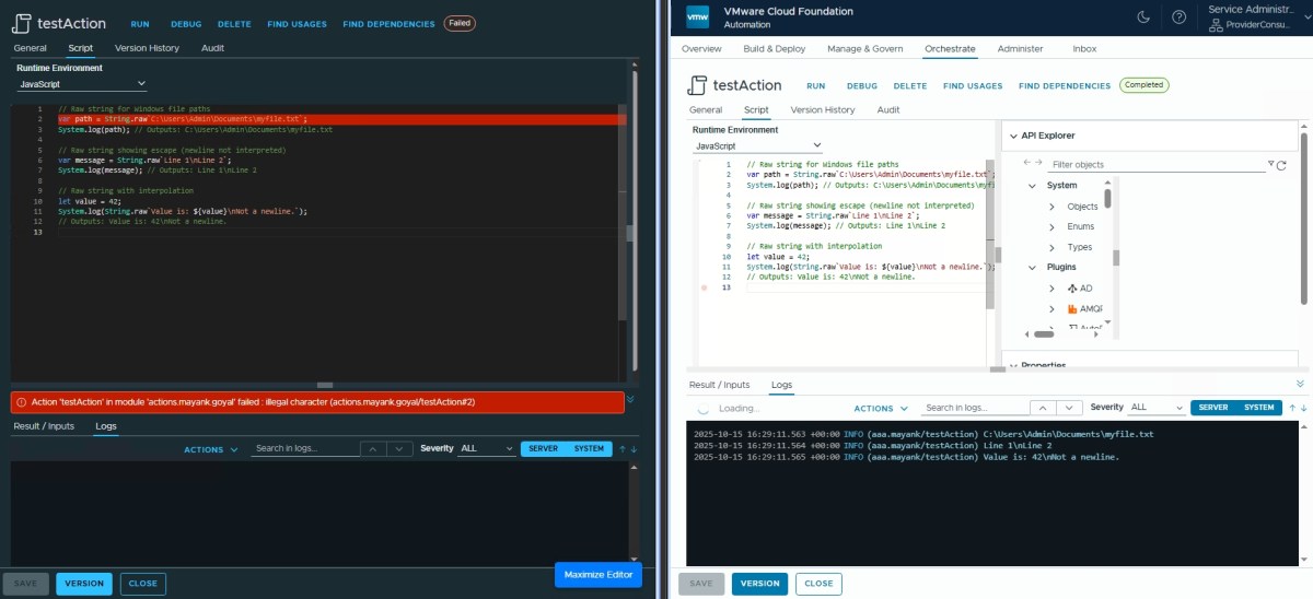 Side-by-side comparison of code execution environments in VMware Orchestrator, highlighting JavaScript runtime differences and error messages.