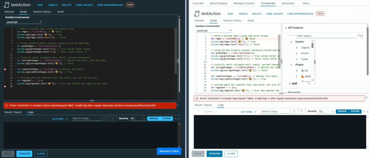 Side-by-side comparison of code and error logs in the vRealize Orchestrator for JavaScript execution, illustrating differences in handling Unicode escape sequences between two versions.