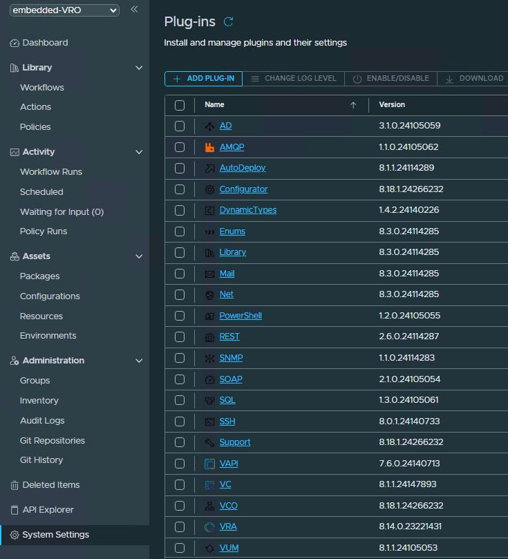 Screenshot of a plugin management interface displaying various plugins, their names, and version numbers in a software application.