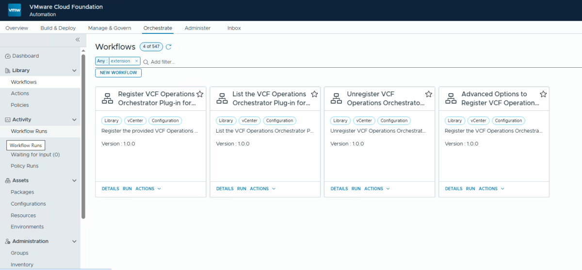 A user interface displaying the VCF Operations Orchestrator workflows, showing options to register, list, and unregister the VCF Operations Orchestrator Plug-in.